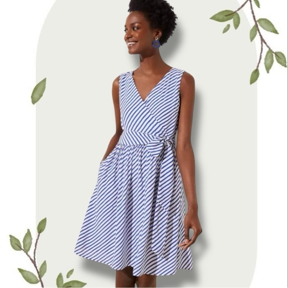 LOFT Dresses & Skirts - Loft Navy Blue & White Striped Sleeveless V-Neck Dress with Tie Belt- Size 10